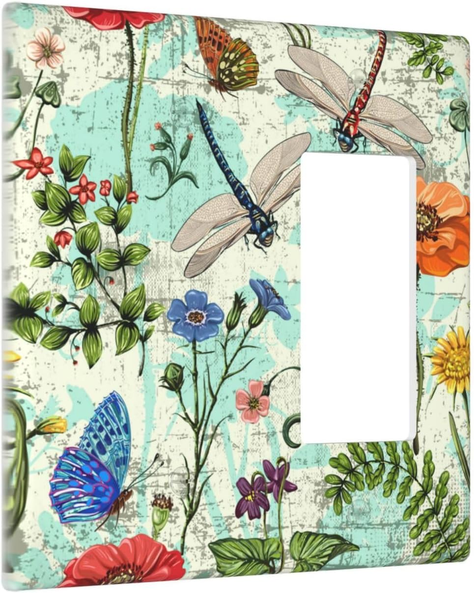 Dragonflies Flowers Butterfly 2 Gang 1 Rocker 1 Blank Outlet Light Switch Cover Decorative Wall Plate Cover For Home Living Bedroom Kitchen Decorative