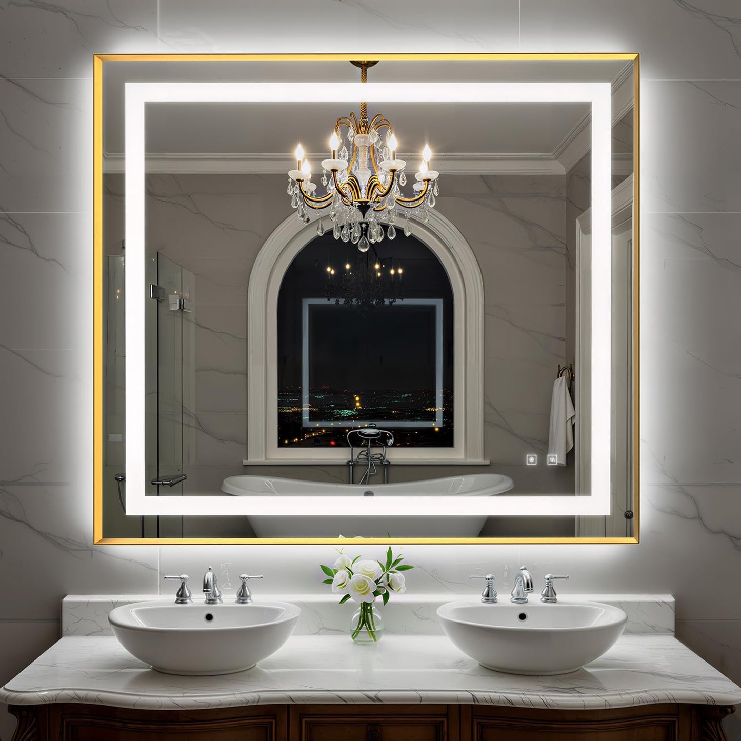 40X36 Inch LED Bathroom Mirror with Lights, Gold Frame Frontlit+ Backlit Bathroom Vanity Mirror for Wall, Ultra-Clear Tempered Glass, Shatter-Proof, Anti-Fog and Memory Function, ETL Listed