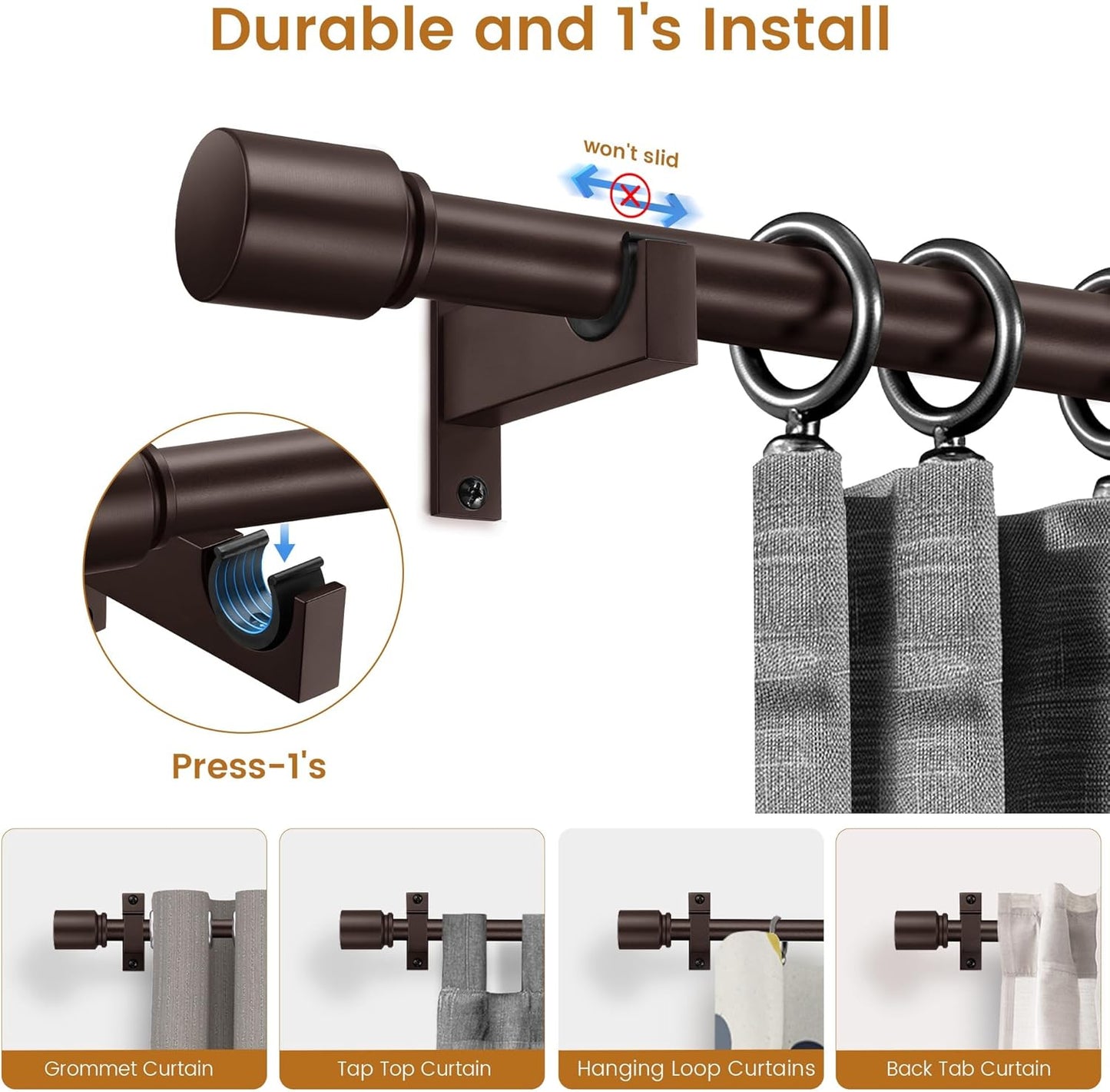 Bronze Aluminium Curtain Rods for Windows,1 Inch Adjustable Curtain Rod 48-84,Heavy Duty Drapery Rods with Thicken Bracket,Decorative Modern Single Rod with Aluminium Finials