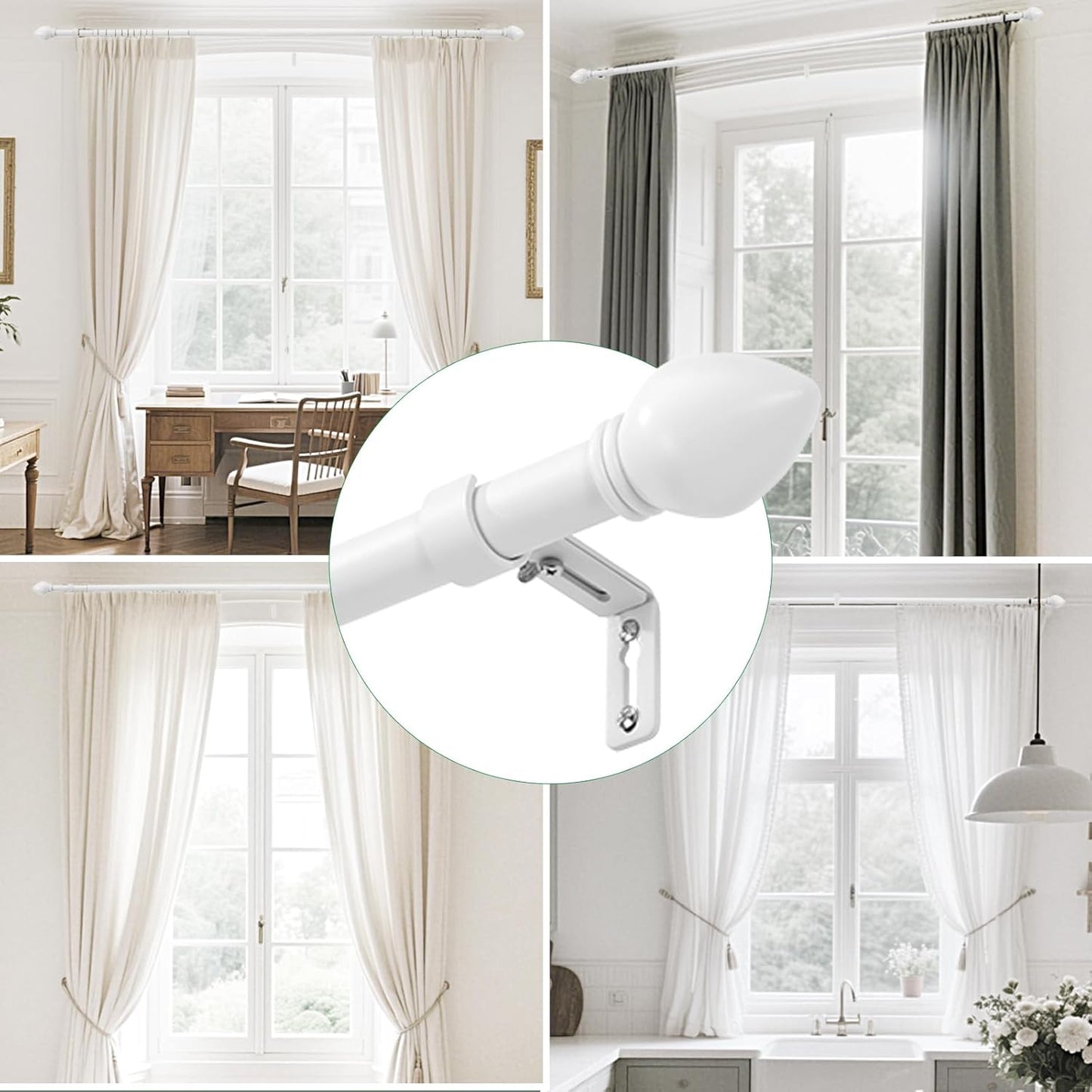 Curtain Rods for Windows 16 to 92 inches, Curtain Rod Max Adjustable Length to 104 in, Drapery Rod 1 inch Diameter with Modern Knobs Finials (White, 16" to 92" - Set of 1)