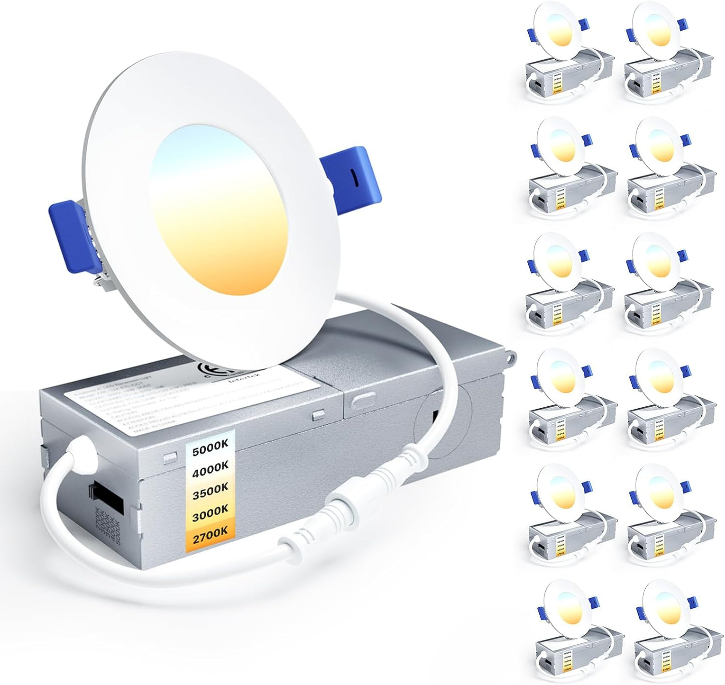Ensenior 12 Pack 3 Inch LED Recessed Ceiling Light, Dimmable, 2700K-5000K 5CCT, 500LM 6W 120V, High Brightness Canless Wafer Downlight - ETL&FCC&IC