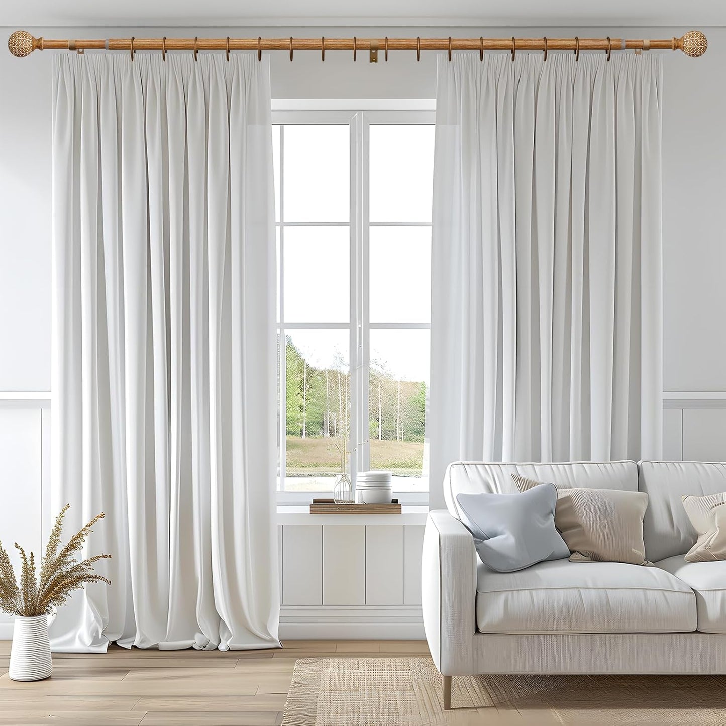 Imitation Wood Grain Ball Curtain Rods for Windows 72 to 144 Inch,1 Inch Heavy Duty Adjustable Wood Curtain Rod,Boho Decorative Drapery Rods Set with Brackets,Size:36''-150''