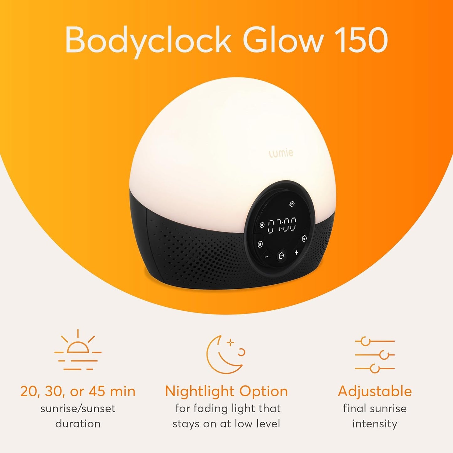Lumie Bodyclock Glow 150 - Sunrise & Sunset Alarm Clock - Bedside Lamp with Custom Light Duration - Wake-Up, Night & Reading Light - Warm LEDs