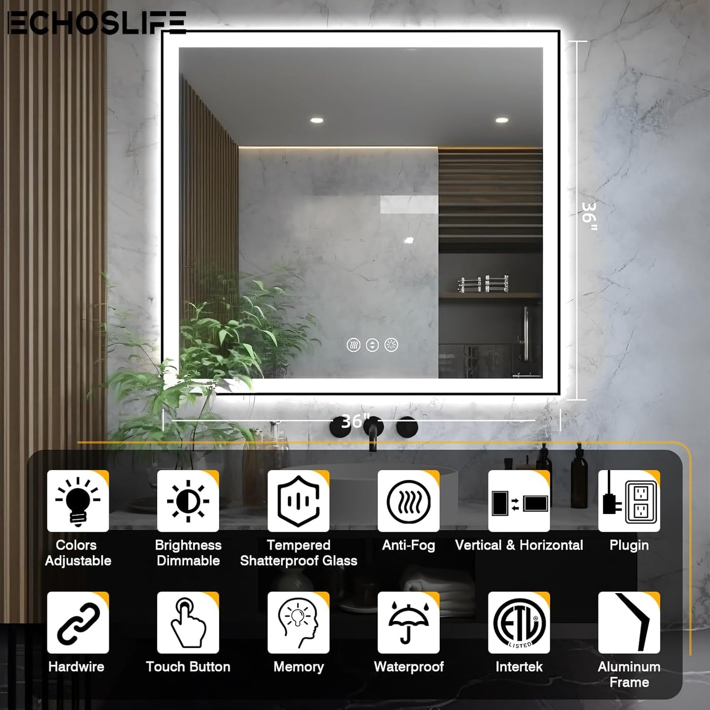 36x36 Square LED Bathroom Mirror - Black Aluminum Framed (Front and Backlit), Anti-Fog Vanity Mirror with Lights, Stepless Dimmable Lighted Mirror,3 Colors Smart Mirror(Horizontal/Vertical)
