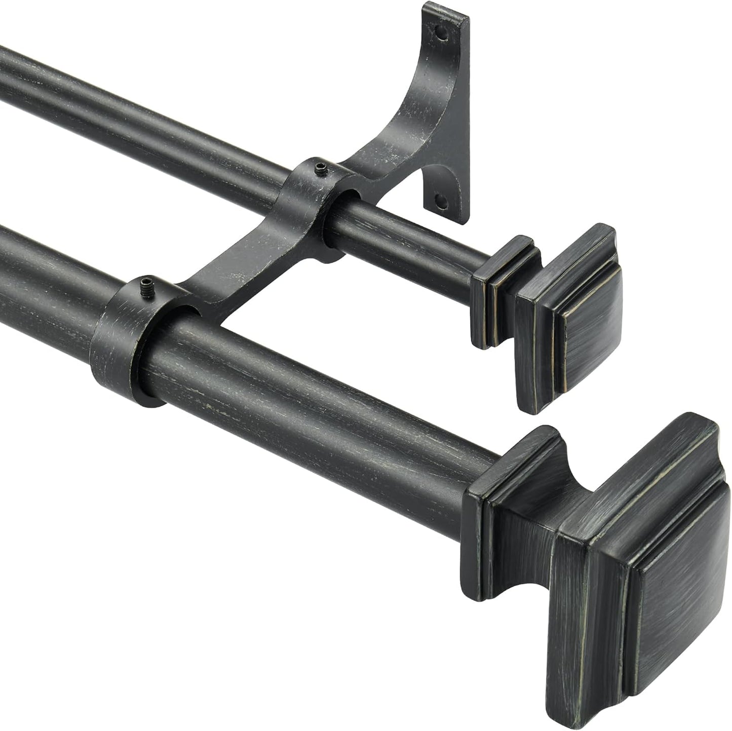 Double Wood Curtain Rods for Windows 36 to 72 Inches,1 Inch Decorative Wooden Curtain Rod with Square Imitation Wood Grain Finials and Double Aluminum Bouquet Bracket, Antique Black