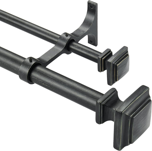 Double Wood Curtain Rods for Windows 72 to 144 Inches,1 Inch Decorative Wooden Curtain Rod with Square Imitation Wood Grain Finials and Double Aluminum Bouquet Bracket, Antique Black