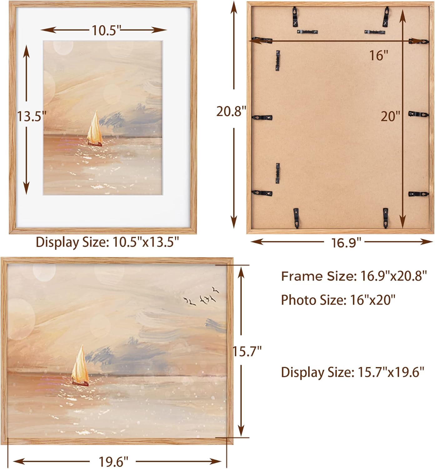 16x20 Picture Frame for Wall, 16 x 20 Solid Oak Wood Frames, Tempered Glass, 16x20 Picture Frame with Mat for 11x14, 16 by 20 Wood Frames, 16 x 20 Matted Poster Frame, Natural Oak Color