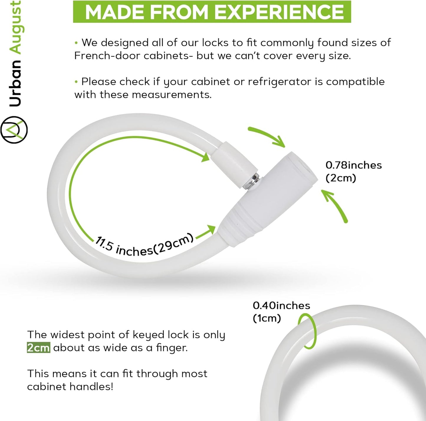 Urban August Child-Proof Refrigerator Lock for Kids & Adults - Lock for French Door Fridge and Cabinet (Small, White - 2 Pack)