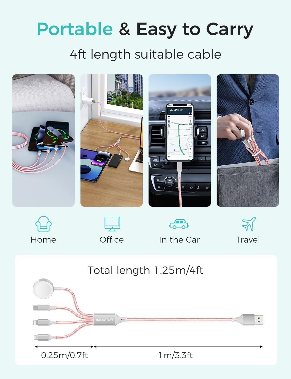 Travel Essentials,4 in 1 for Apple Watch Charger/iPhone Charger/Multi Charging Cable,Vacation RV Camping Essentials,USB C/L/Micro Portable Charger for iWatch 11-1/iPhone 17-12,Car&Gift-Pink