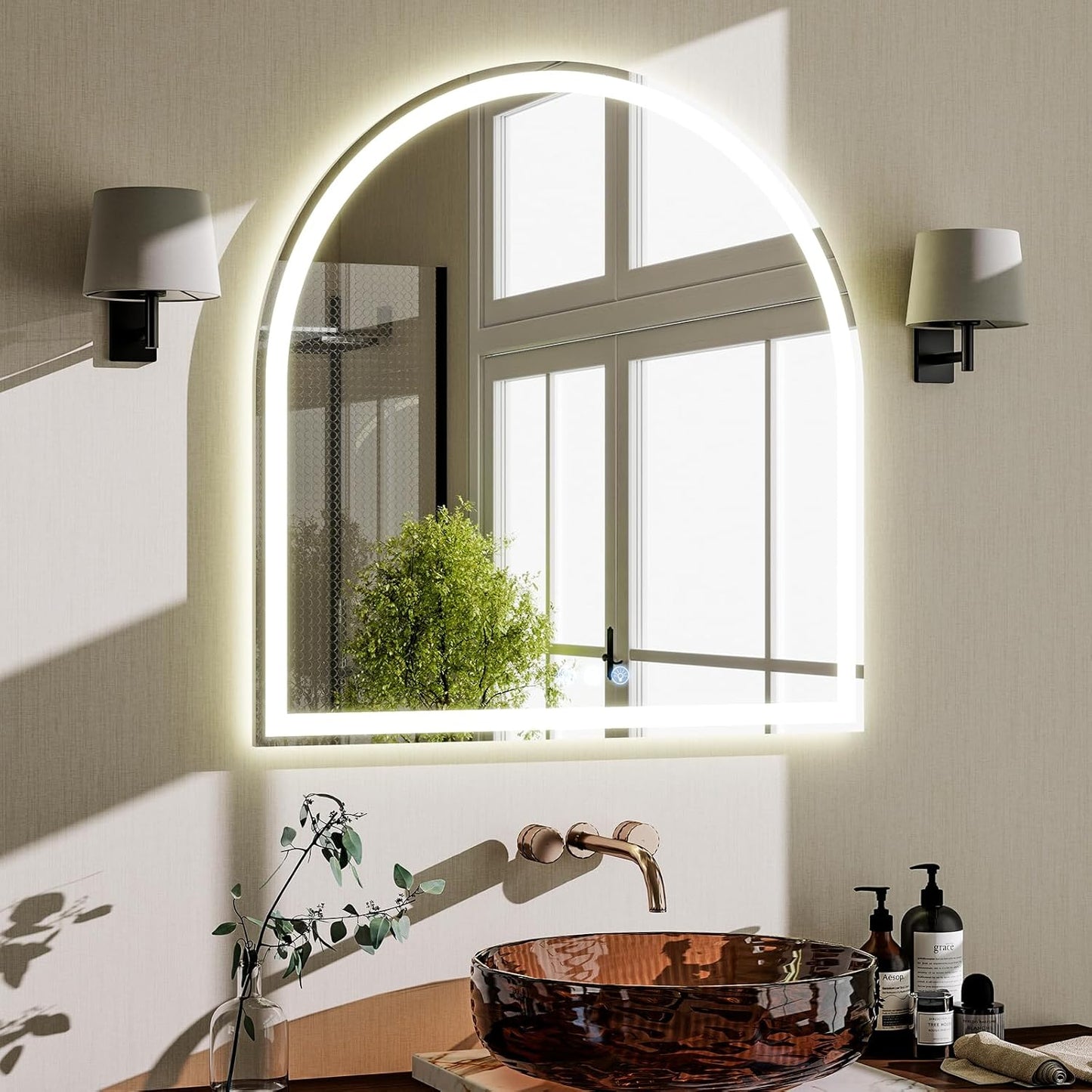BEAUTYPEAK 34x30 LED Arch Bathroom Mirror with Lights, Anti-Fog, Dimmable, Backlit + Front Lit, Lighted Bathroom Vanity Mirror for Wall, 3 Colors, Memory Function, Tempered Glass, Shatter-Proof