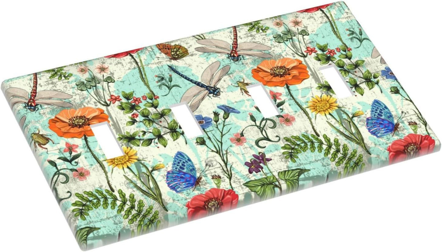 Dragonflies Flowers Butterfly 4 Gang Quad Toggle Outlet Light Switch Cover Decorative Wall Plate Cover For Home Living Bedroom Kitchen Decorative