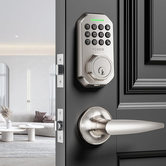 Keyless Entry Door Lock Set Smart Locks for Front Keypad Door Lock with Handle Low Battery Warning Automatic Lock One Time Password Anti Peeping Password IP54, Satin Nickel