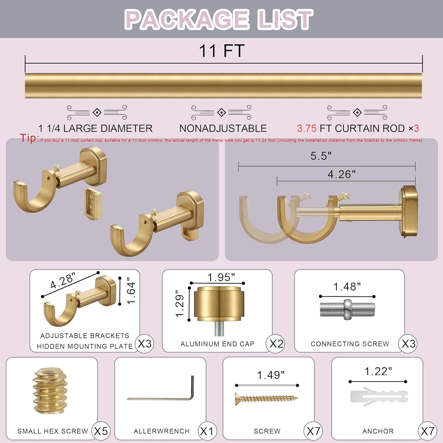 Heavy Duty Curtain Rods,1 1/4" Large Diameter Premium Nonadjustable Curtain Rod,132in/11ft Custom Window Treatment Rods with Durable Aluminum Brackets and End Caps,Gold Finish