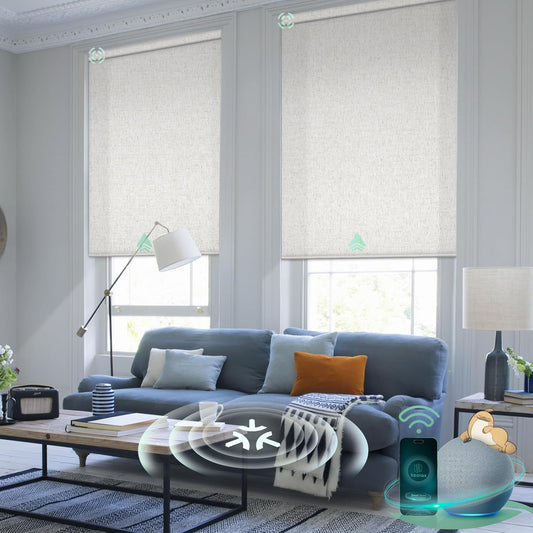 Yoolax Smart Blinds, Motorized Matter Roller Shades Light Filtering Automatic Blinds for Windows Motorized Shades Compatible with Alexa, Google Home, Homekit(Half Shading Linen Beige)