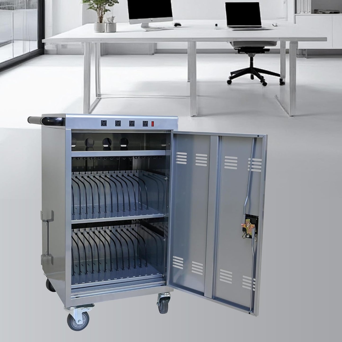 Laptop Charging Cart, 31+4 Charging Ports Laptop Storage Cart, 35-Bay Mobile Charging Cabinet for iPads up to 16.3", Chromebook Devices, Cord Management, Access Lock.School,Business.Silver