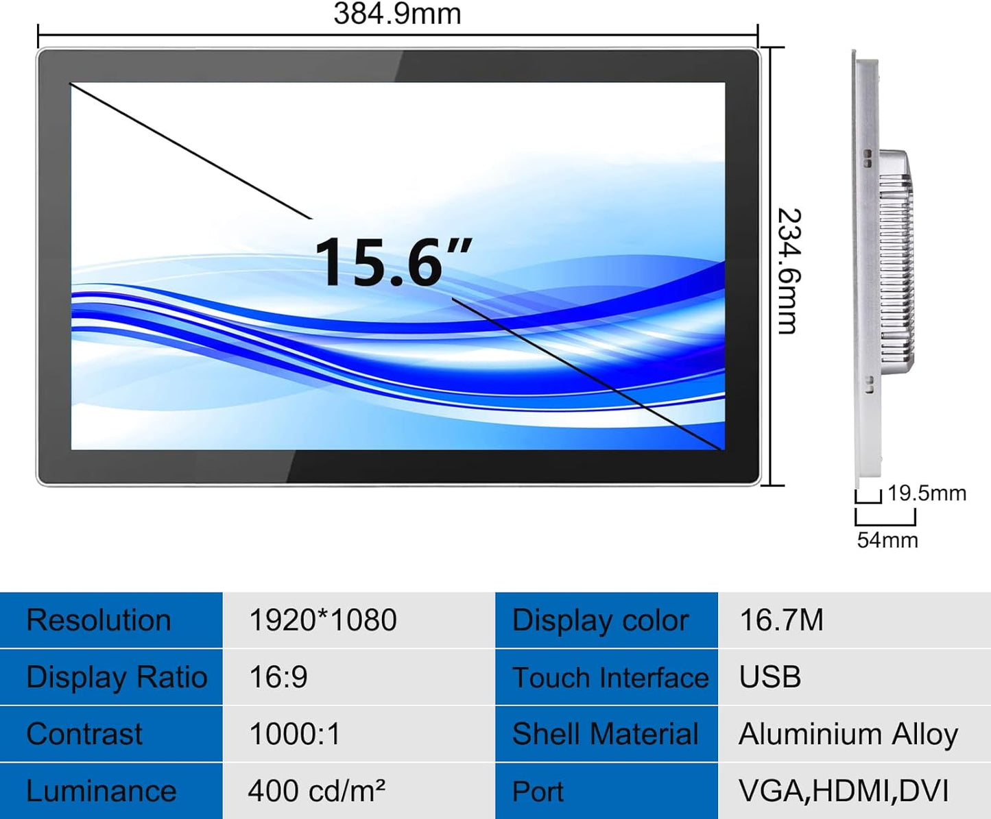 GreenTouch 15.6 Inch High Resolution Embedded Touch Screen Industrial Monitor, Front IP65 Panel Rugged Metal Case Display - 1920x1080