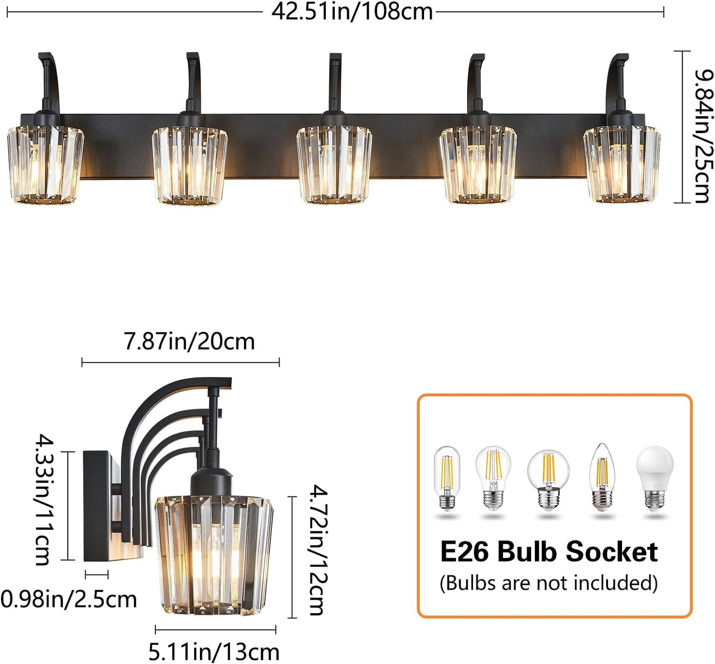 Modern Bathroom Vanity Light, 5-Light Black Wall Sconce with Crystal Accents, Over Mirror Bathroom Lighting Fixture, 42.51" Long Dimmable Vanity Lamp for Makeup, Easy Installation