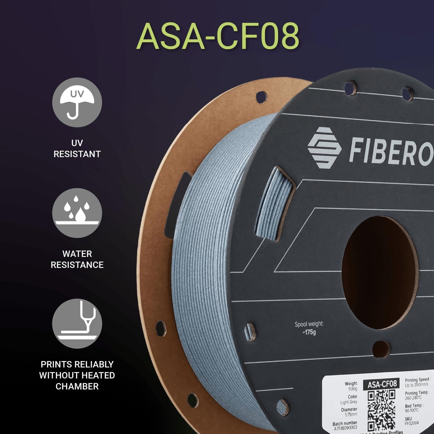 Polymaker Fiberon ASA-CF08 Light Grey Carbon Fiber 3D Printing Filament 1.75mm 0.5KG, UV & Weather Resistant, High Rigidity, Heat Resistant, Easy to Print, Functional Parts & Prototypes