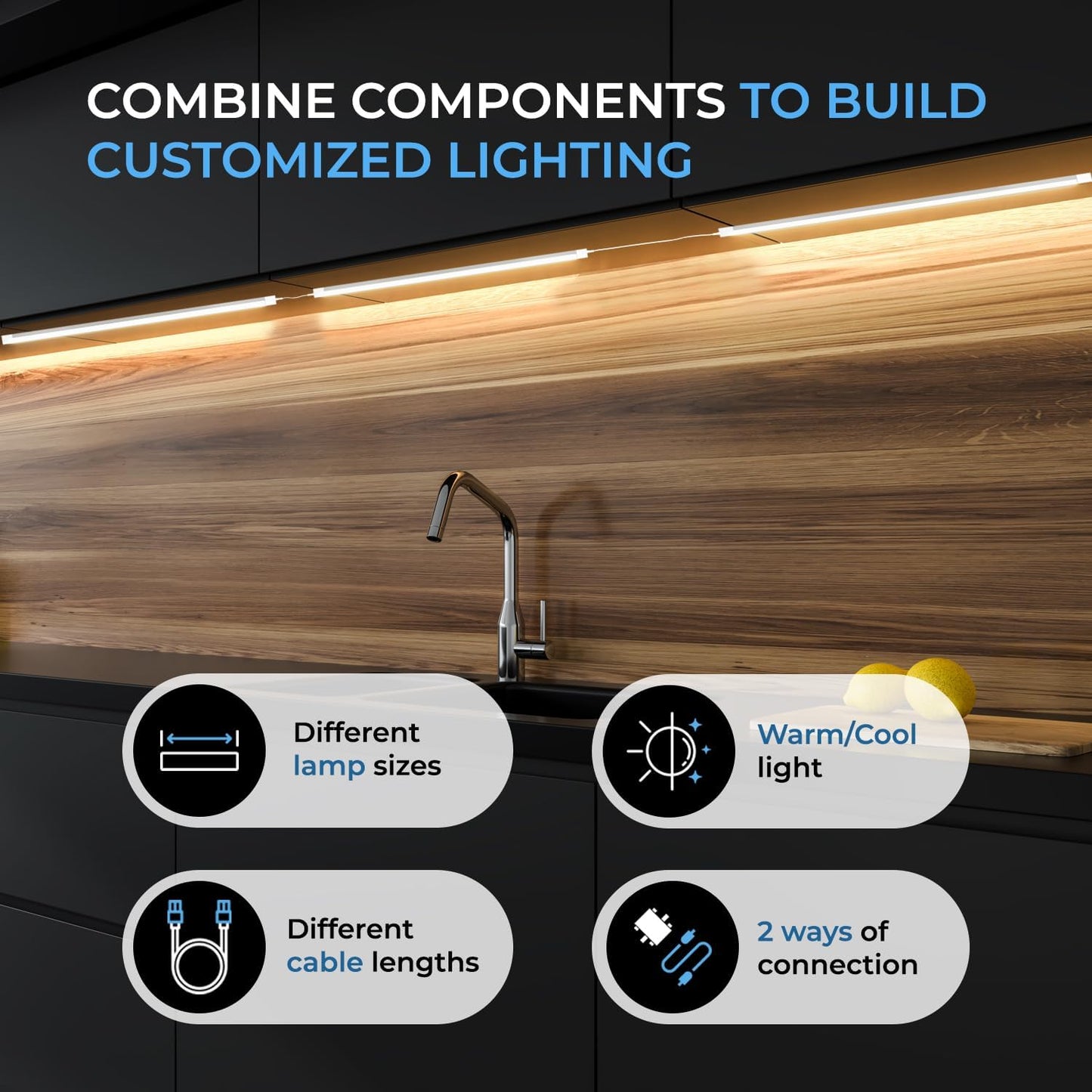 EShine 12 inch LED Dimmable Under Cabinet Lighting Strip with Hand Wave Motion Sensor, Black, with Accessories (No Power Supply Included), Cool White (6000K)