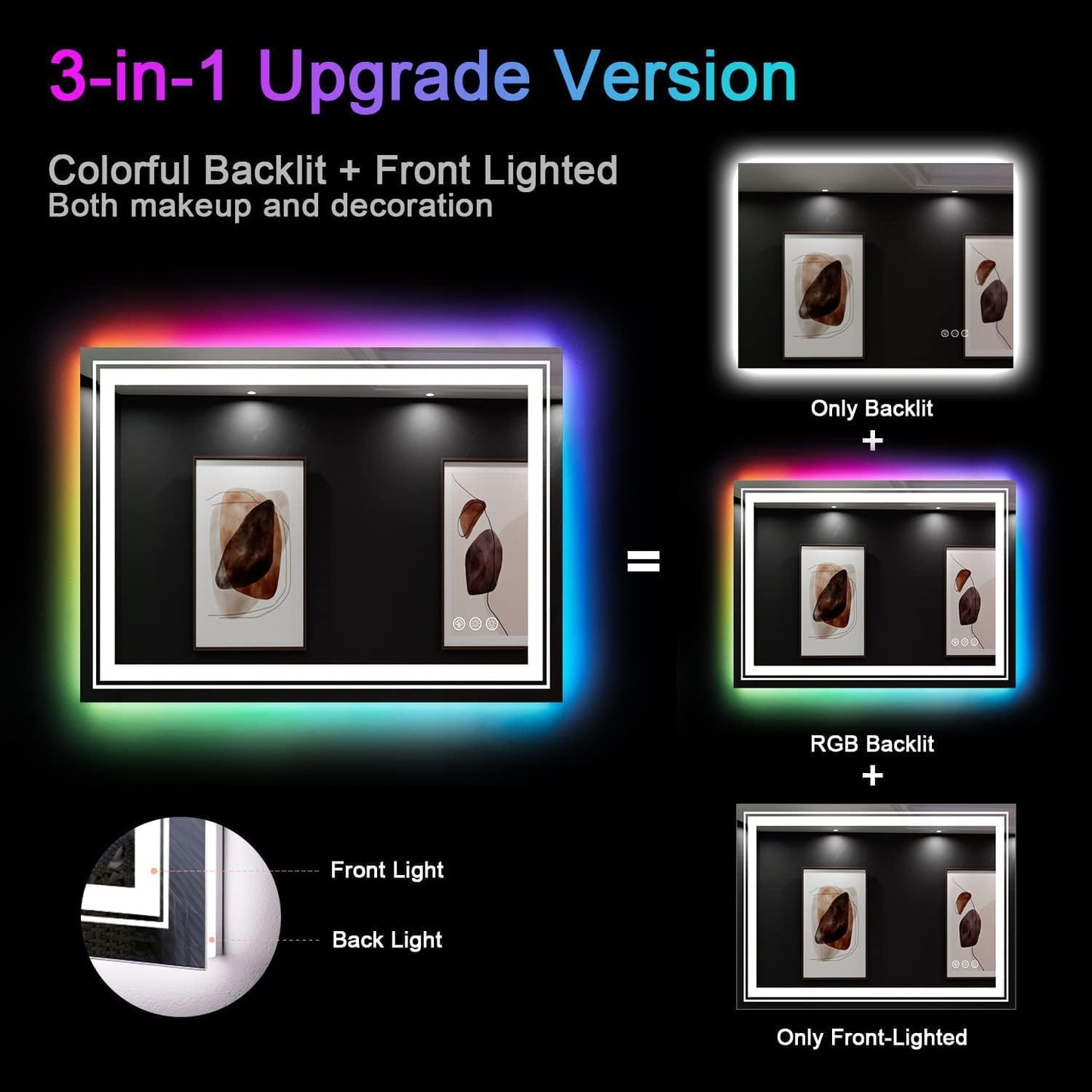 LED Mirror for Bathroom, 60"X28" with 8 RGB Backlit +3 Front Lit (Adjustable Individually), Anti-Fog, Large Lighted Bathroom Vanity Mirror for Wall,Shatterproof,Memory Function,Tempered Glass