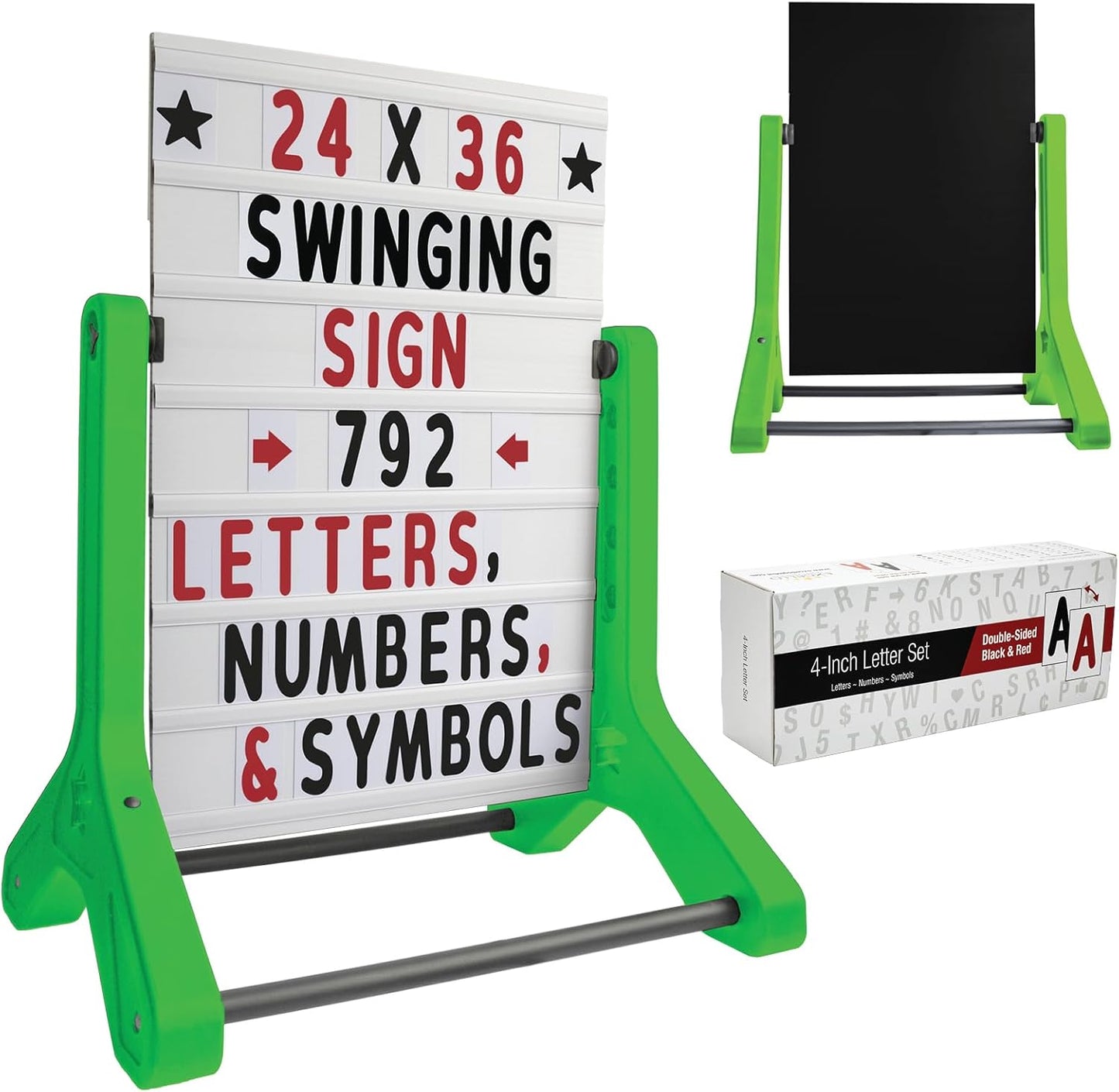 Swinging Changeable Message Sidewalk Sign: 24" x 36" Sign with 792 Pre-Cut Double Sided Letters and Storage Box. Includes Black Board & Letter Board (Green Color Legs)