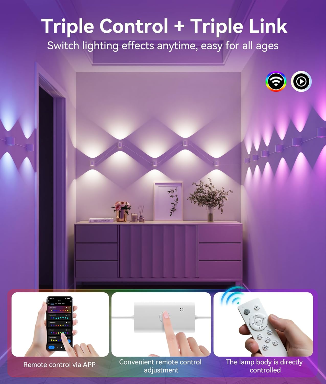 12 Lamp RGBCW Indoor Wall Lights, Up Down Lighting Bedroom Wall Sconces, Music Sync, DIY Styling White Color Changing Wall Lamps For Living room, Party, Home Decor, Compatible Alexa/Google Assistant