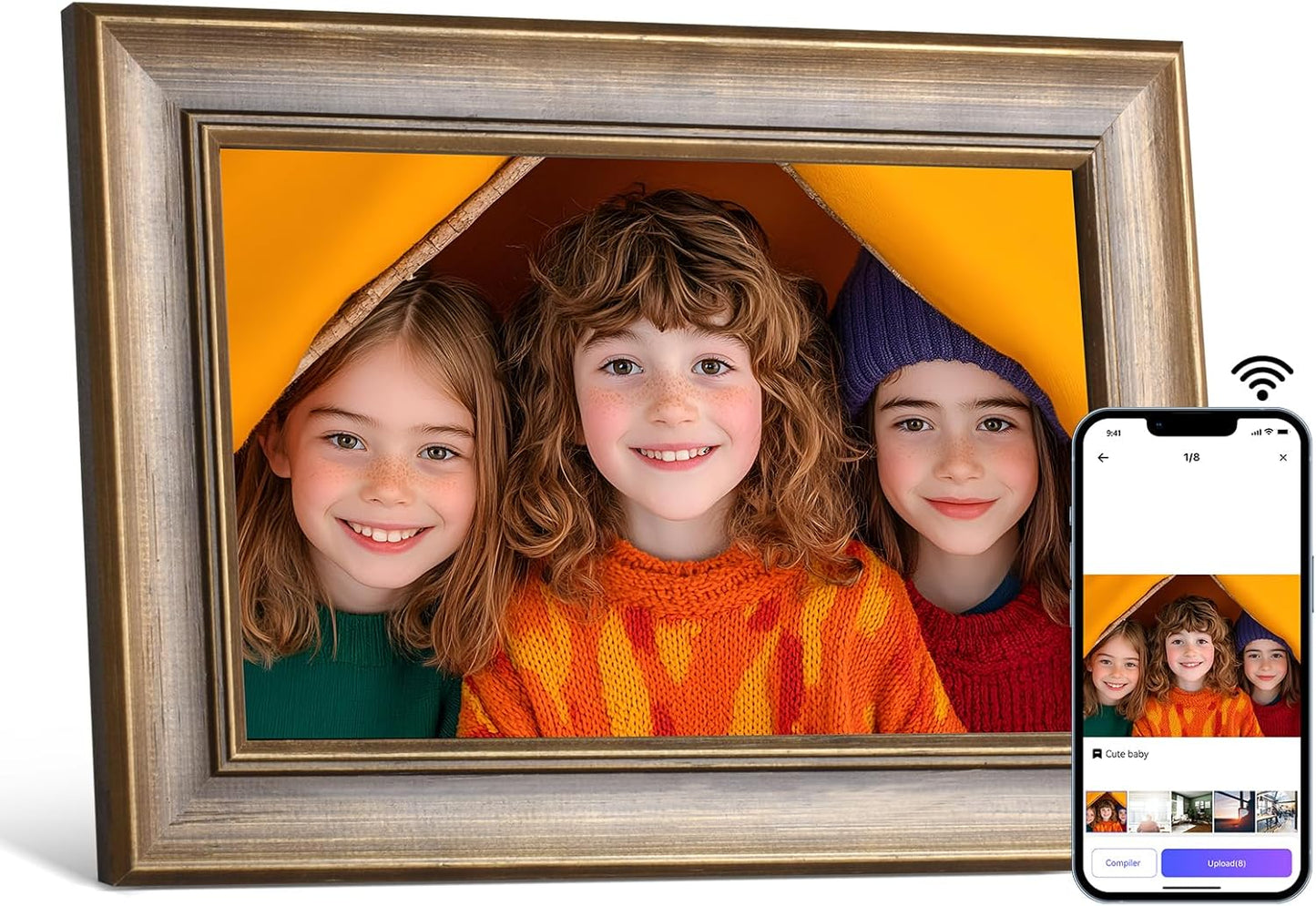 10.1 Inch Wood Finish Digital Picture Frame, Smart WiFi Digital Photo Frame, 1280x800 IPS HD Touchscreen – Effortlessly Share Photos and Videos from Anywhere