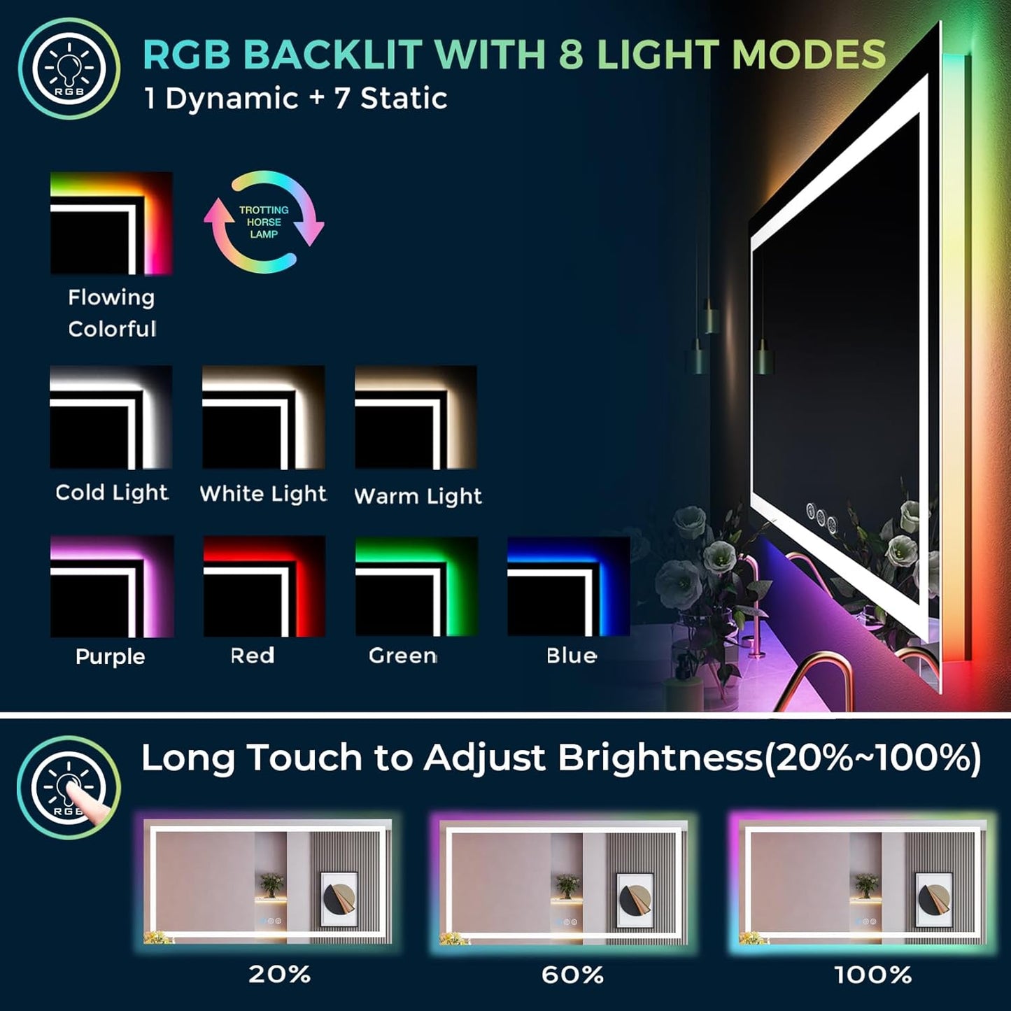 60x38 Inch RGB LED Bathroom Mirror Front Light and RGB Backlit Lighted Vanity Mirror for Bathroom Wall Mounted Dimmable Anti Fog Memory Shatter-Proof IP54 Waterproof Horizontal/Vertical