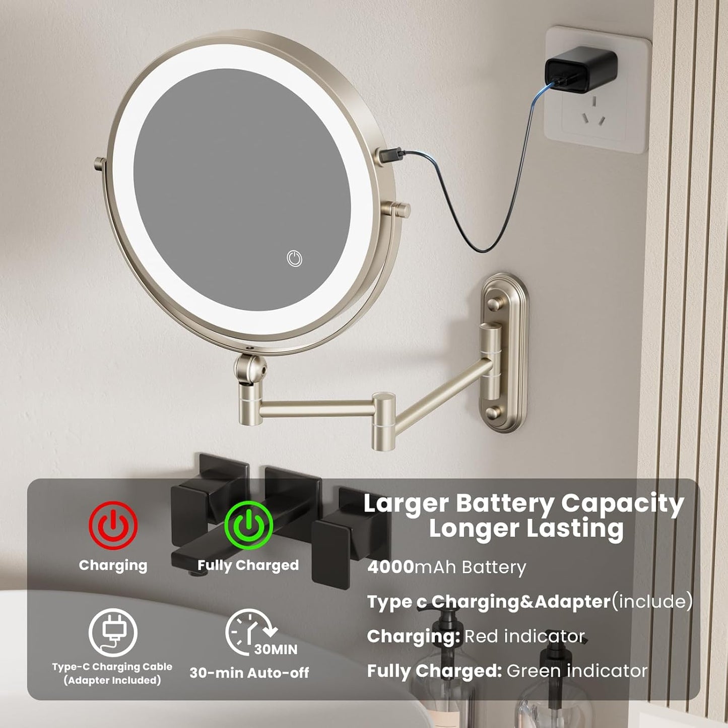Rocollos 9-Inch Large Makeup Mirror with 30X Magnification, Rechargeable Wall Mounted Vanity Mirror with Lights, 3 Color Dimmable LED, Touch Screen & Retractable Arm-Black (9INCH-Nickel)
