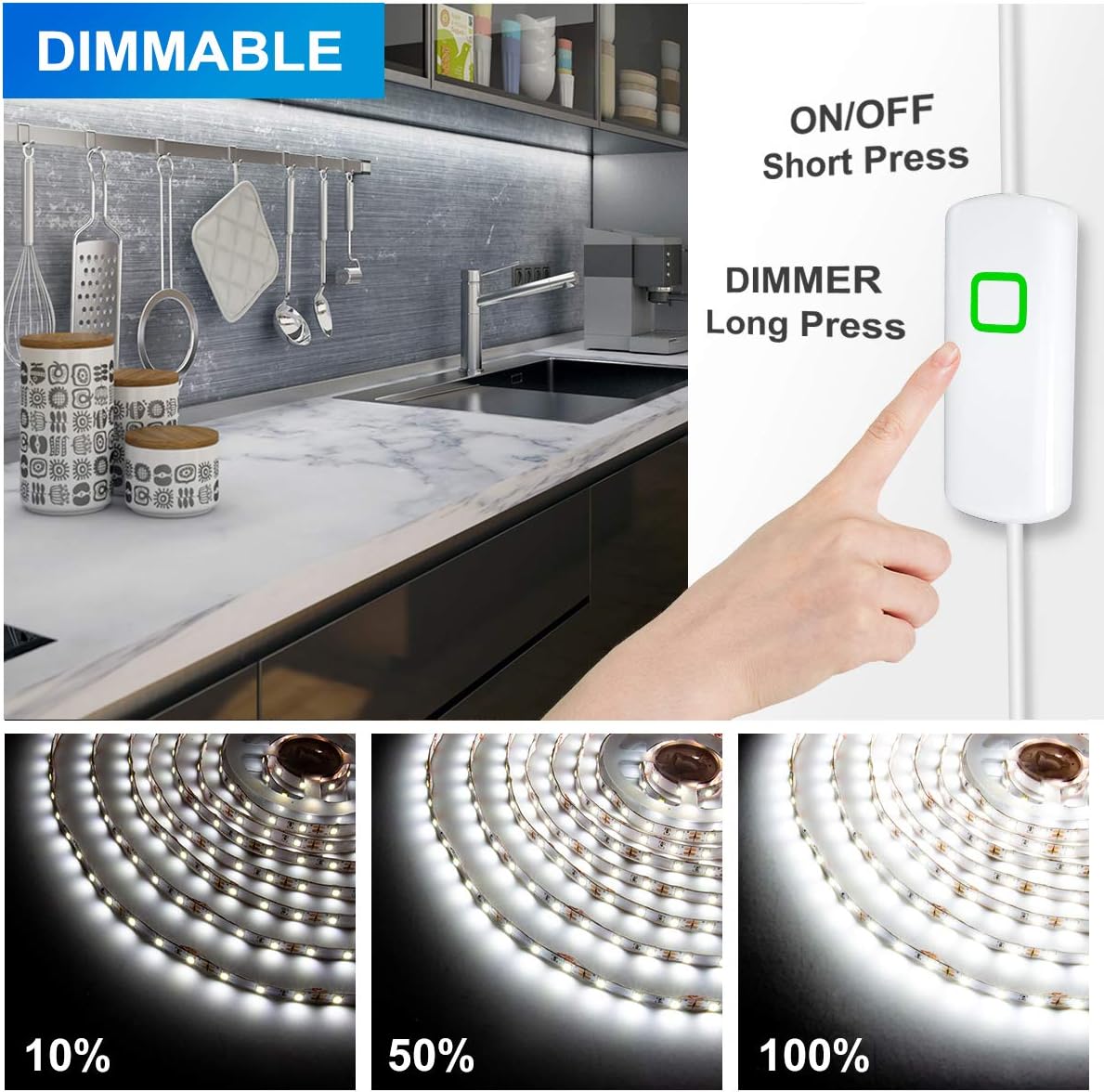 MYPLUS 50FT White LED Strip Lights, Dimmable LED Tape Light 6500K Bright Daylight White, Flexible Under Cabinet Lights with 900 LEDs and UL Listed Safety Power Supply for Room,Kitchen and décor