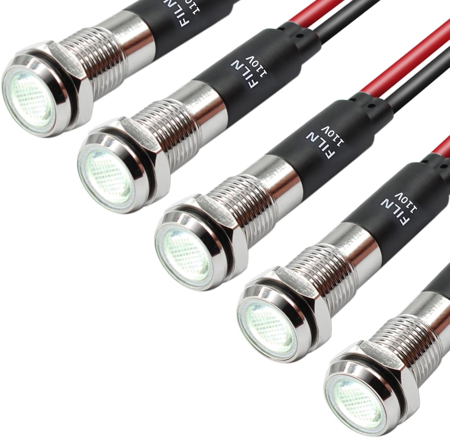 5Pcs 8MM (5/16'') Indicator Light led Indicator 110V 220V Metal Pilot Lamp Lights Aluminum Black Anodized Waterproof ip67 Red Signal Lamp Light(110V-Brass Nickel Plated-White 5Pcs)