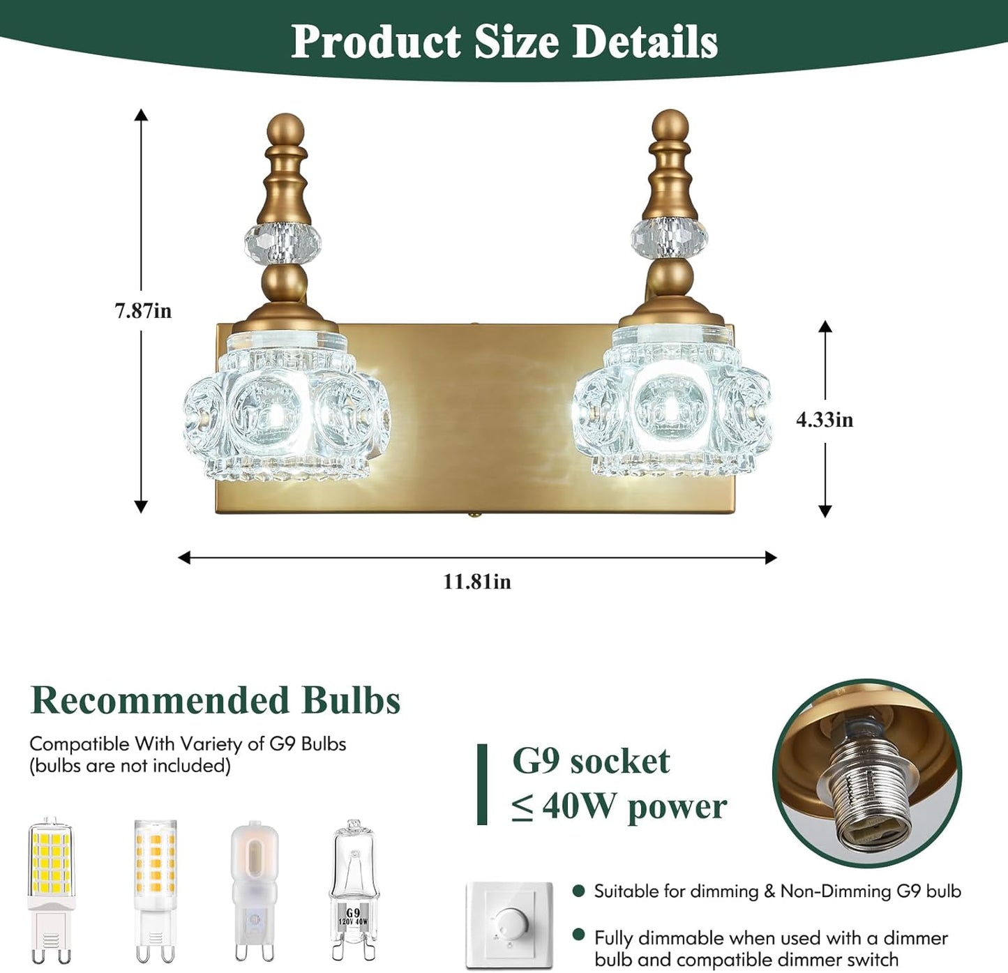 Modern Glass Crystal Vanity Light - Vintage Bathroom Lighting Fixtures Over Mirror, 2 Light Vanity Lights G9 Bulb (11.81 Inch,Brass)