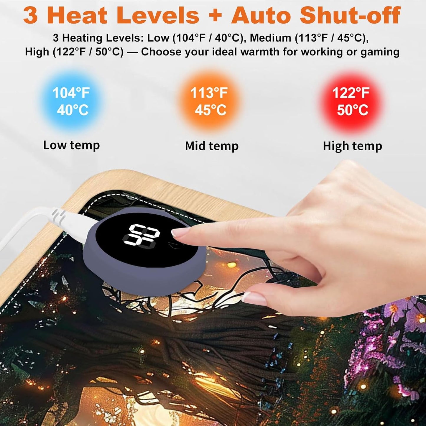 Small Heated Desk Pad 23.6" x 14.2" – Compact Electric Mouse Pad with 3 Heating Levels, Auto Shut-Off, Waterproof PU Surface, Plug-in Warmer for Office or Home Use, Glowing Forest