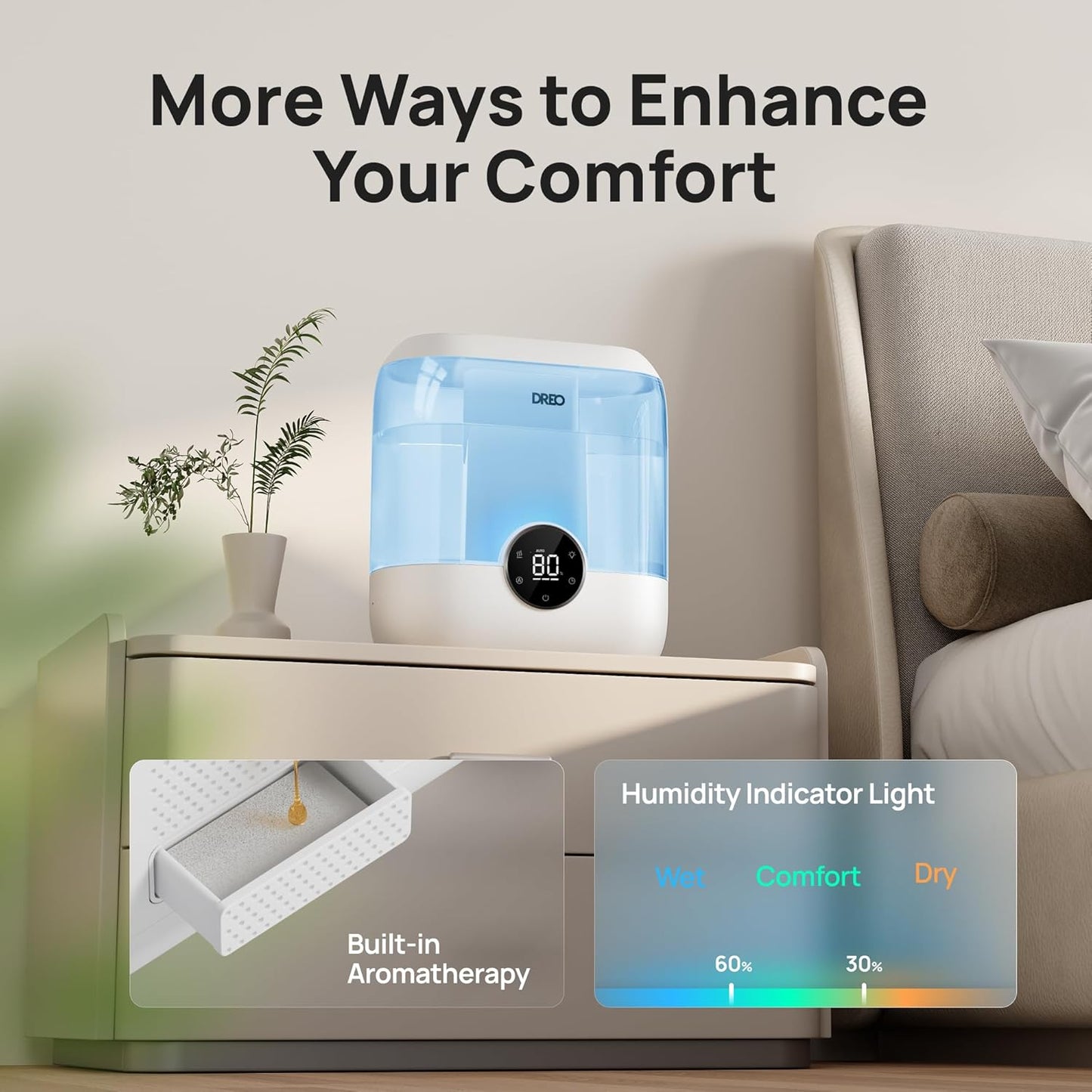 Dreo 6L Top Fill Humidifiers for Bedroom, 60H Runtime 28 dB Quiet Supersized Cool Mist Air Humidifiers for Large Room, Baby Nursery, Plant, Indoor, Night Light, Easy to Clean, Precise Humidity Control