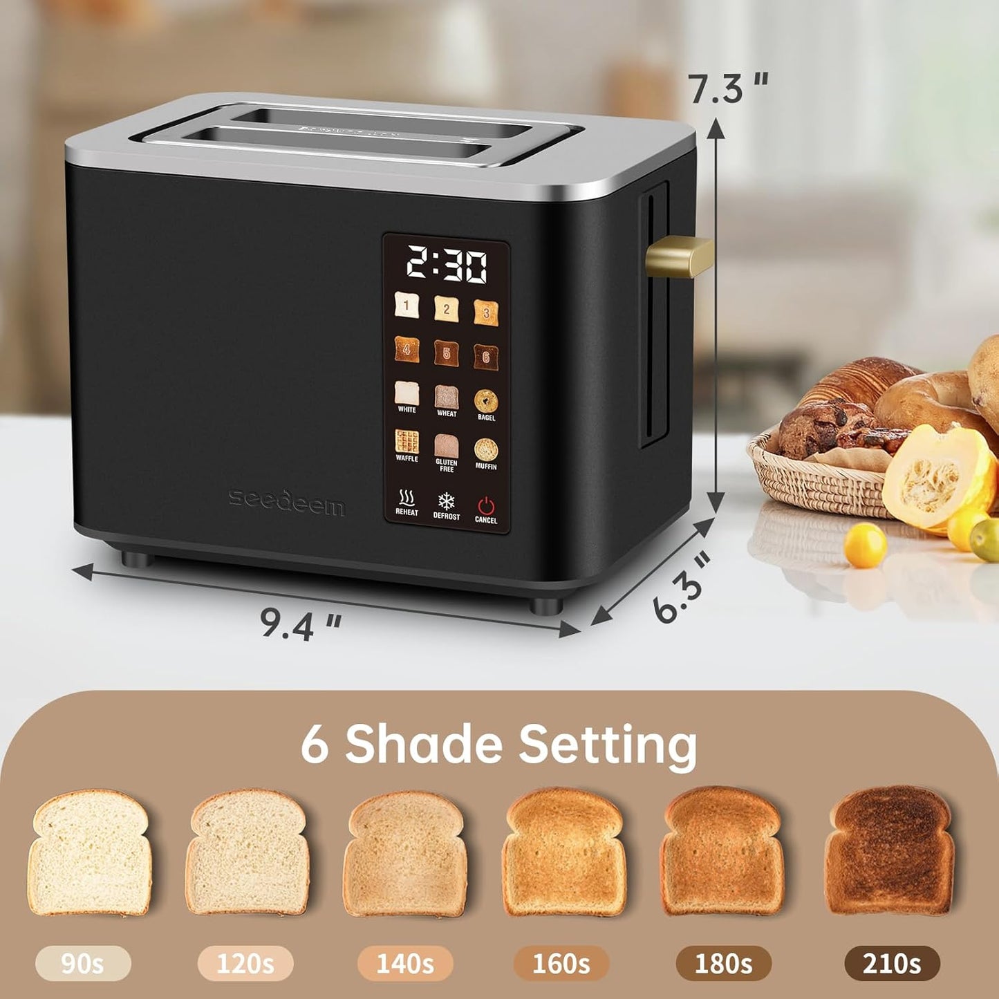 SEEDEEM Toaster 2 Slice, Touch Control Screen, Smart Stainless Toaster, 6 Shade Setting, 6 Bread Selection, Countdown, Removable Crumb Tray, 900W, Matte Black