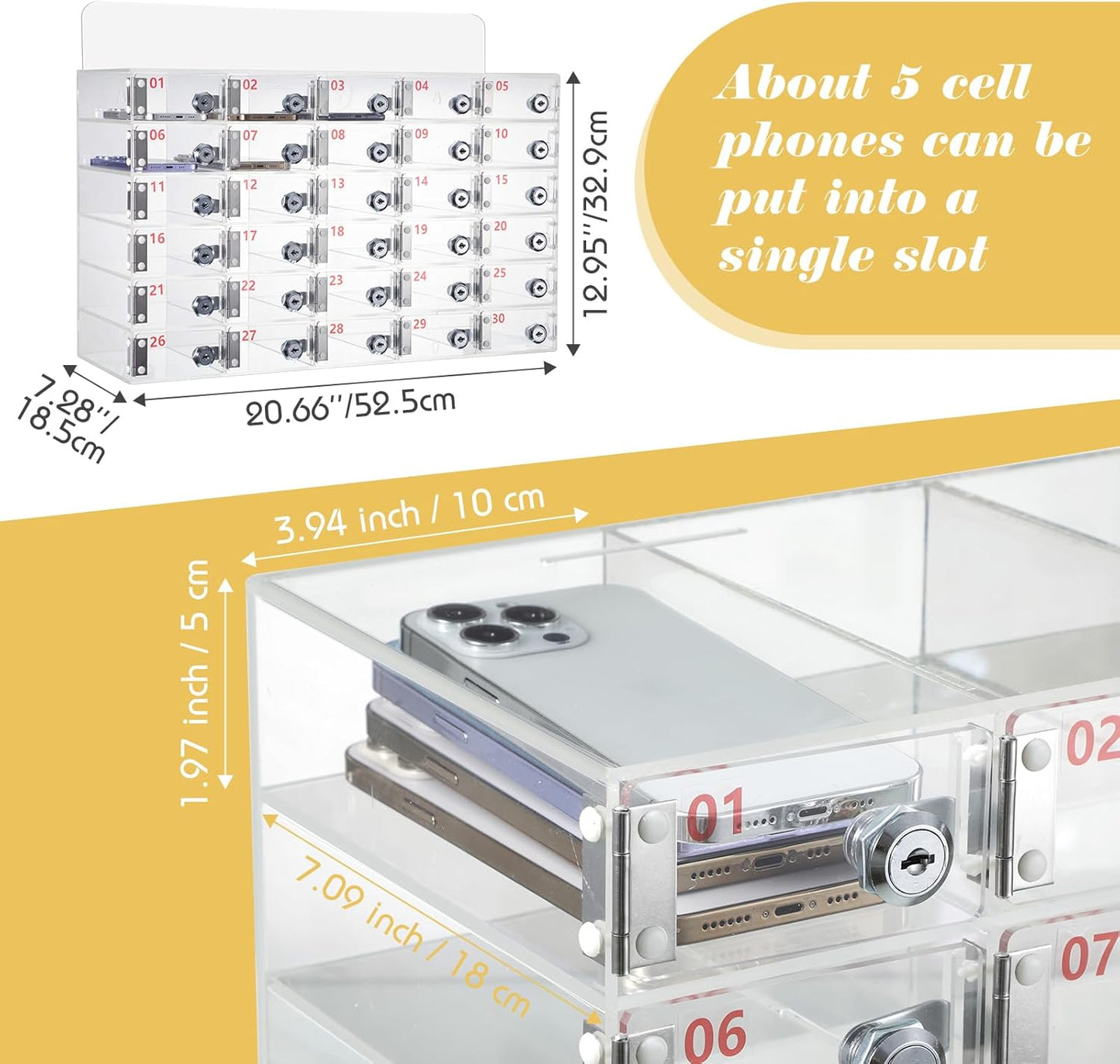 Threan 30 Slot Cell Phone Storage Box, Clear Cell Phone Storage Cabinet Wall Mounted, Including Door Locks and Keys for Office School Factory Classroom Students Staff