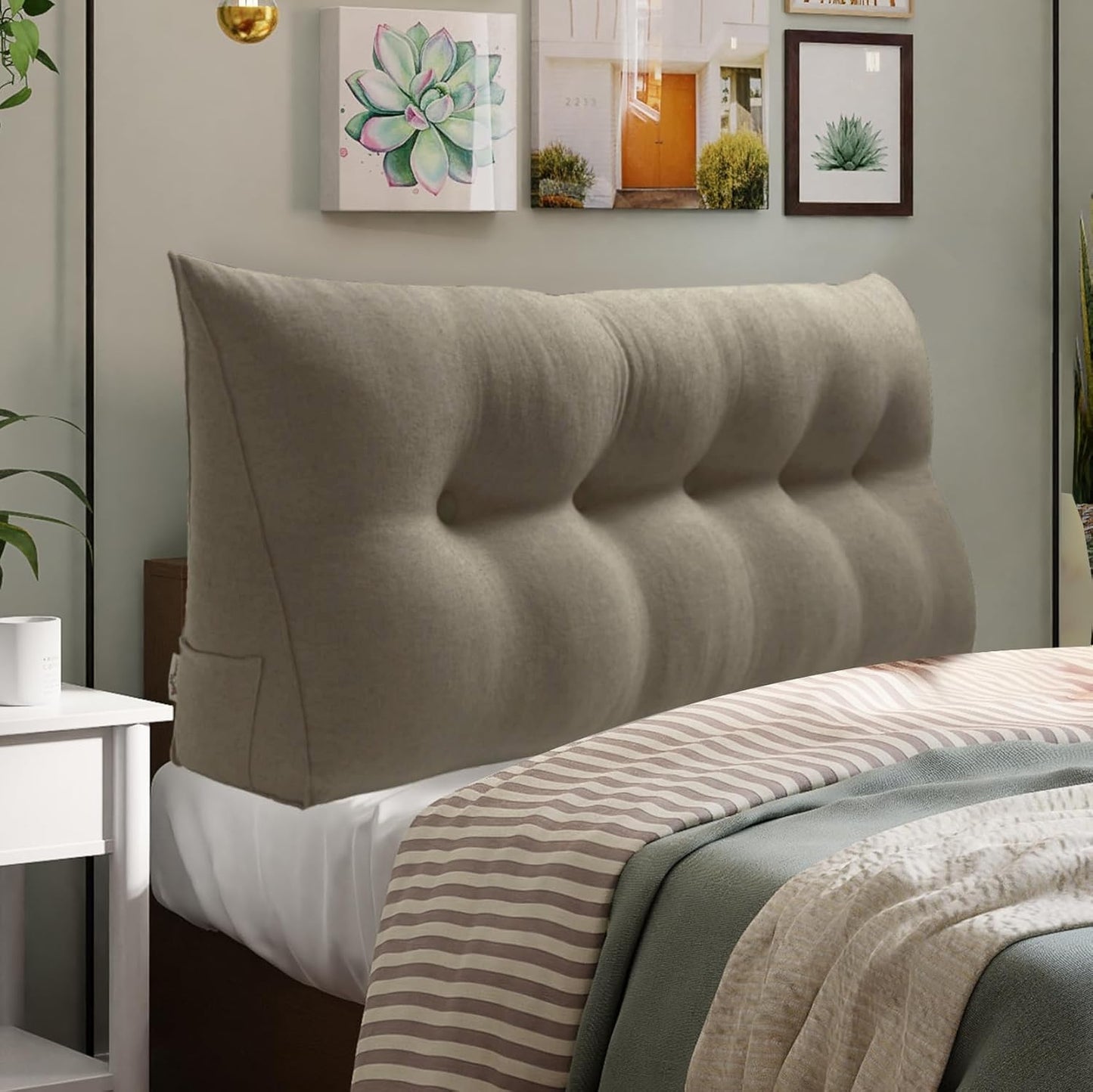 WOWMAX 85% Linen 15% Cotton Blend Headboard Pillow – Queen Size Reading Wedge Backrest for Bed, Handmade Firm Support Bolster Cushion with Removable Cover, Premium Bed Rest Pillow, Light Gray