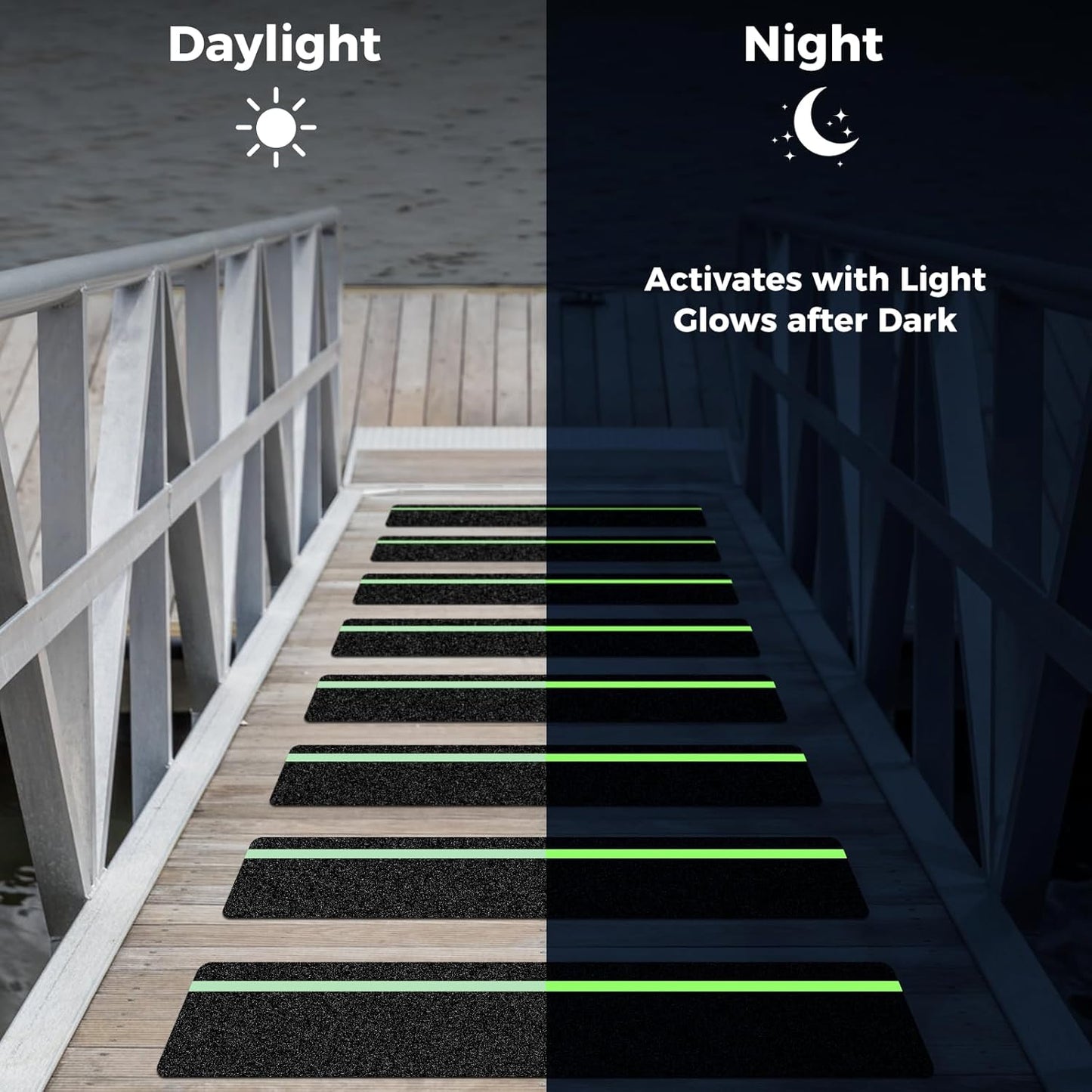 10 Pack 4” x 24” Anti Slip Traction Treads with Glow in The Dark Stripe, Outdoor Waterproof Non Skid Pre-Cut Tape with Roller, High Traction Friction Abrasive Adhesive for Stairs Step