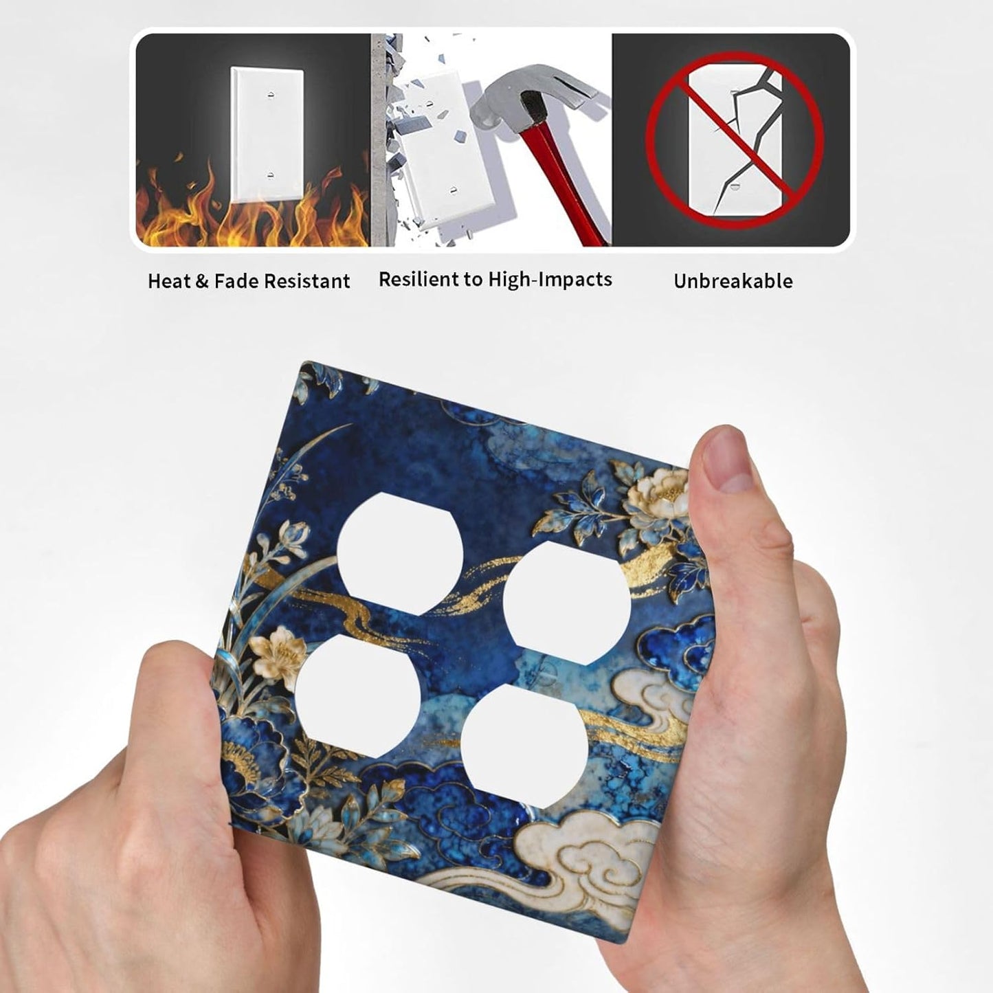 Decorative Outlet Covers Blue White Flower Gold Line Cloud 2 Gang Light Switch Cover Plate Double Duplex Wall Plates for Electrical Outlets Switch Plate Covers for Bedroom Home Decor