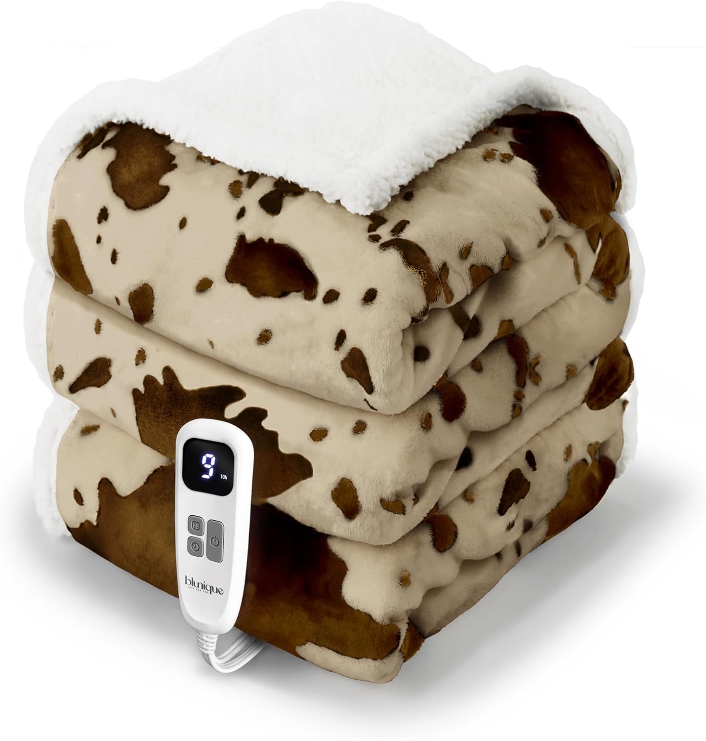 Cow Print Heated Blanket Twin-Heating Electric Blanket Twin with 10 Heat Levels & 10 Hours Auto-Off, Cozy Soft Fleece Sherpa, Washable, 62 x 84 Inches Cow Print Apricot