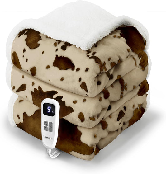Cow Print Heated Blanket Full-Heating Electric Blanket Full with 10 Heat Levels & 10 Hours Auto-Off, Cozy Soft Fleece Sherpa, Washable, 72 x 84 Inche Cow Print Apricot
