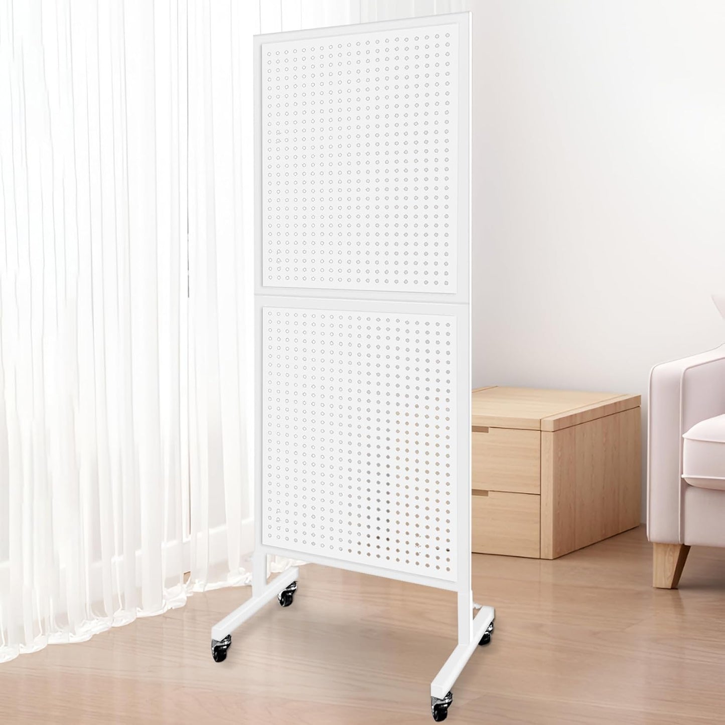 Royxen Metal Pegboard with 30 Hooks and Wheels,2 x 5.5 Feet Pegboard Display Rack, Standing Pegboard Display for Home and Store, White