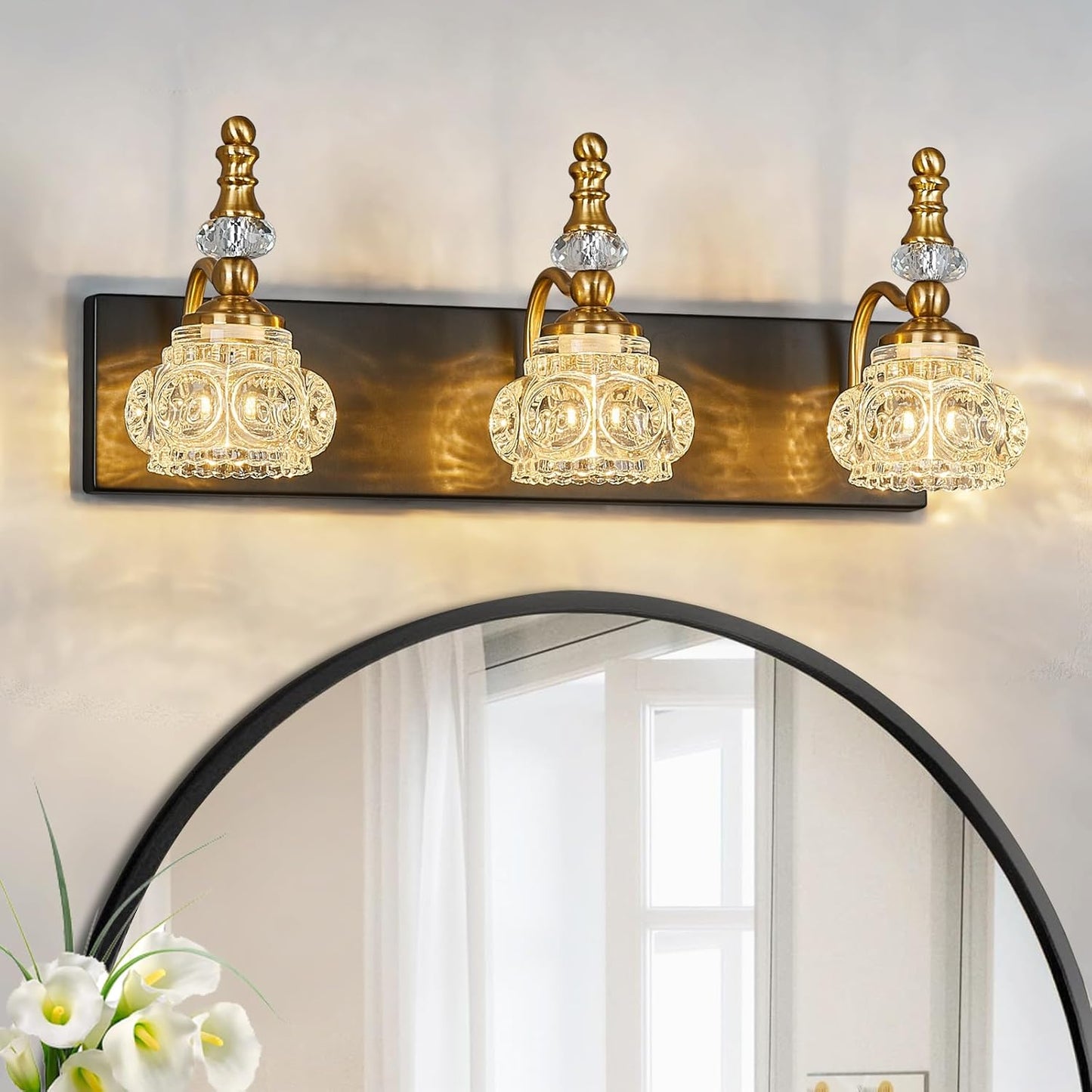 Bathroom Light Fixtures, Modern Glass Crystal Vanity Light Vintage Bathroom Lighting Fixtures Over Mirror 3 Light Vanity Lights G9 Bulb (19.68 Inch, Black Gold)