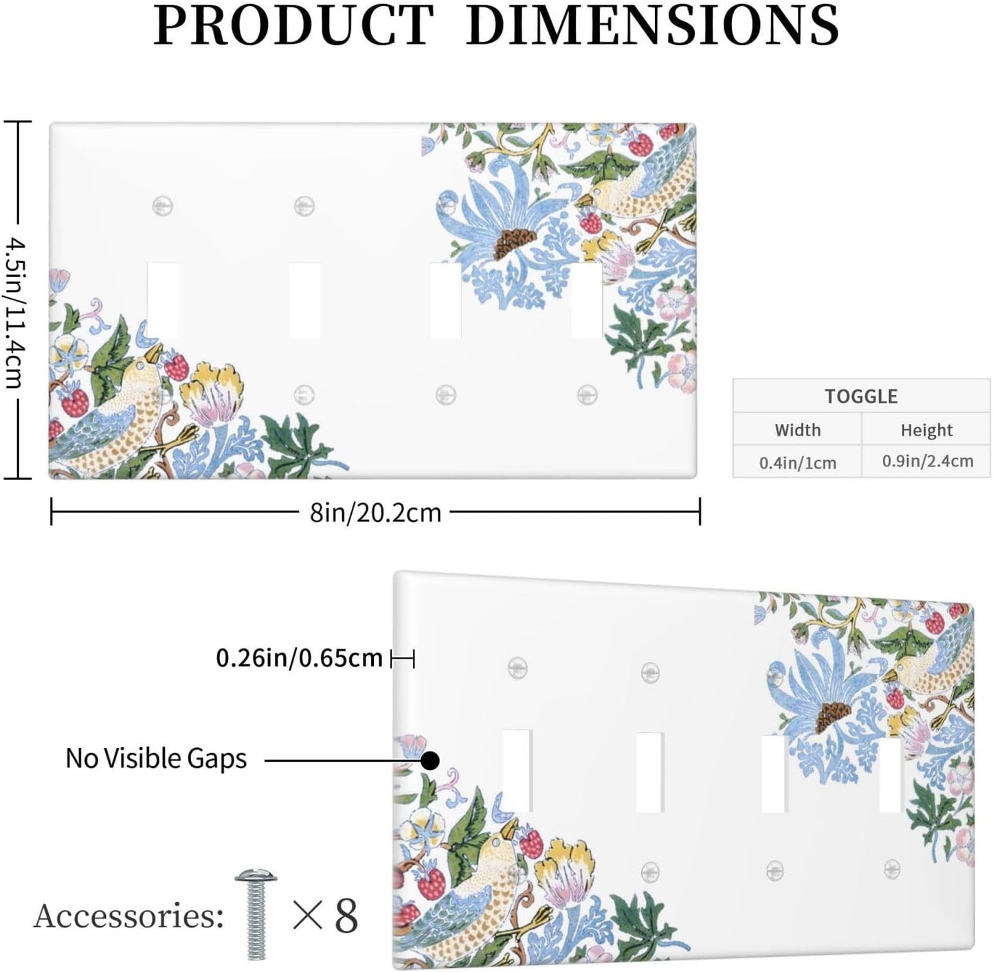 Decorative Light Switch Cover Plate Retro Morris Strawberry Rustic Plant Bird 4 Gang Wall Plate Oversized Quad Toggle Switch Cover Plate Jumbo Faceplate for Bedroom Decor