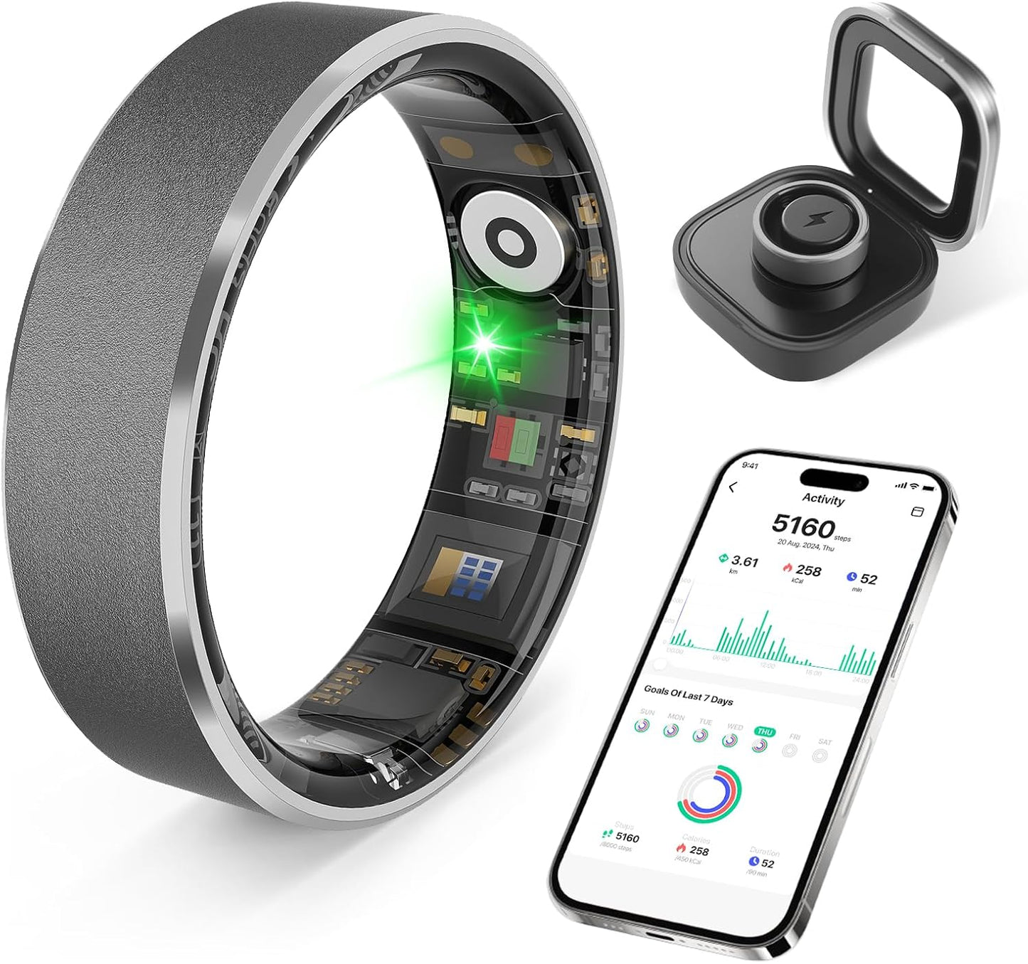 Smart Health Ring, Featuring Stress and Sleep Monitoring Functions, Compatible with iOS and Android, Waterproof Fitness Tracker for Women & Men, No Subscription Fee. (Gunmetal Gray, 7)