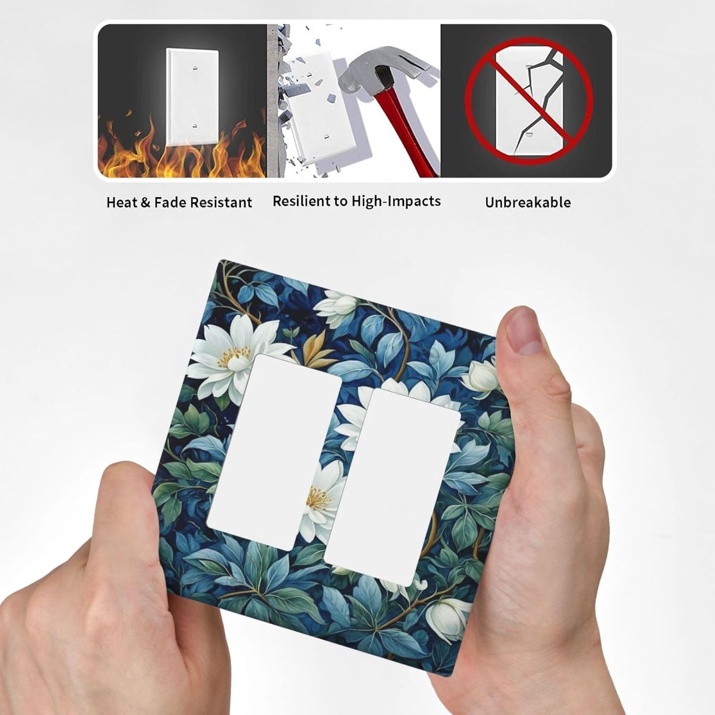 White Flowers Green Leaves Dual Outlet Covers Wall Plate 2 Gang Rocker Decora Decorative Switchplate Electrical Faceplate GFCI Light Switch Covers for Farmhouse Living Decor