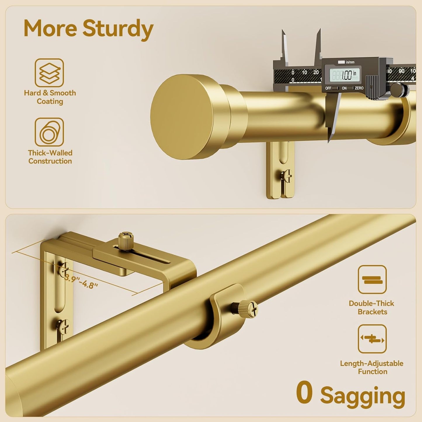 Curtain Rod 2 Pack 32-58 Inch, Heavy Duty 1 Inch Curtain Rod, Gold Short Adjustable Window Treatment Rods, Modern Design, Easy Installation