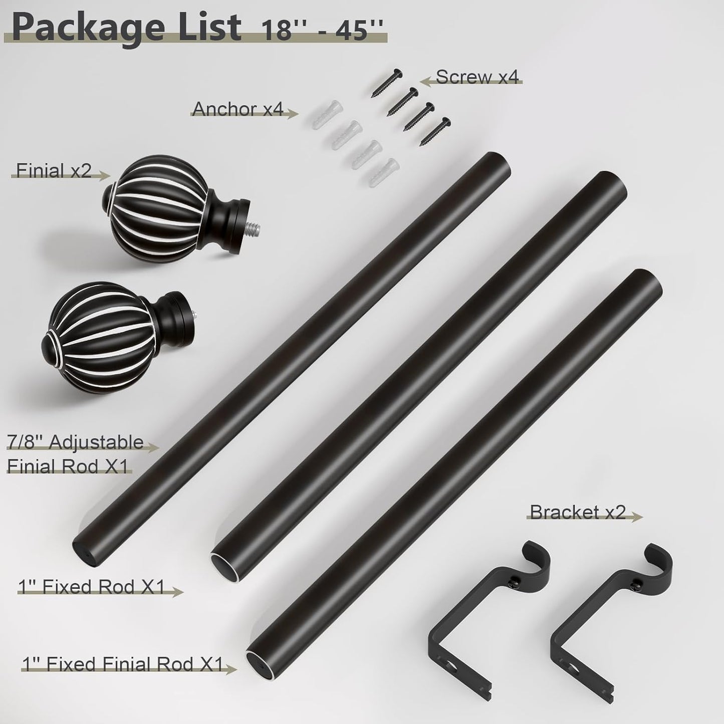 Black Curtain Rods for Windows 28 to 48 Inch, 1'' Adjustable Heavy Duty Curtain Rod，Vintage Decorative Drapery Rods with Pumpkin Finials for Bedroom Living Room