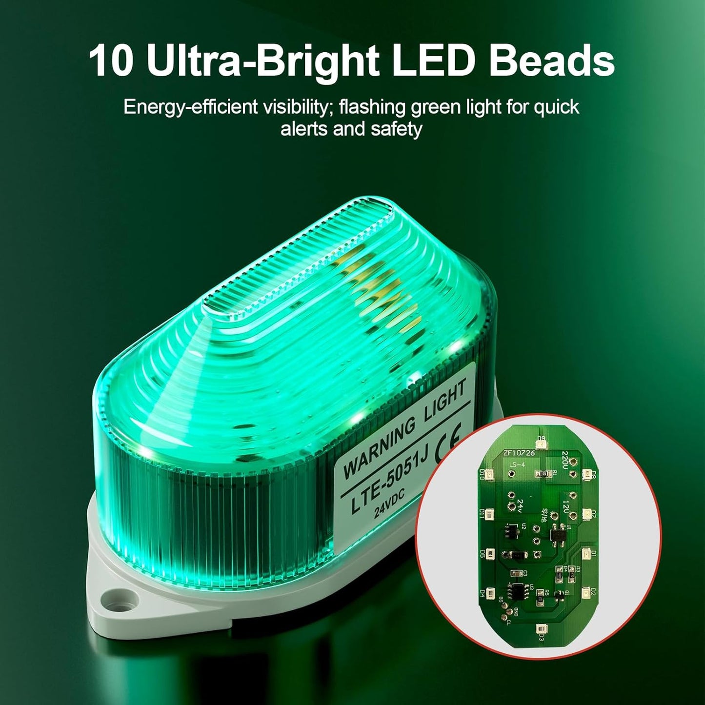 DC24V Strobe Siren Industrial Warning Light with Green LED and 105dB Buzzer, Ultra-Bright Signal Flashing Alarm Light for Safety and Alert, Oval