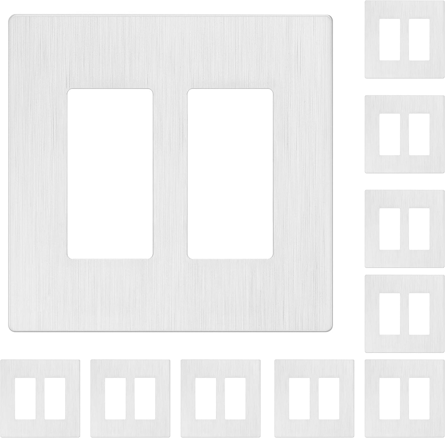 LIDER Brushed Finish Double Decorator Switch Cover, Screwless Wall Plate, Mid-Size 2-Gang 4.88" x 4.92", Unbreakable Polycarbonate Thermoplastic, UL Listed, LSWP-32M-BW10P, Brushed White, 10 pack